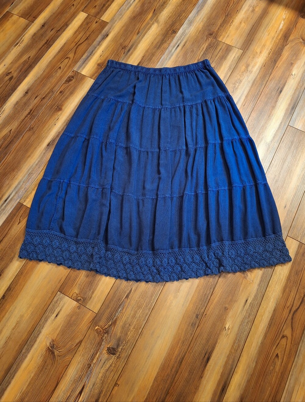 Bohemian Cafe Tiered Blue Boho Midi Skirt Crochet Prairie Style Peasant Wms 3X